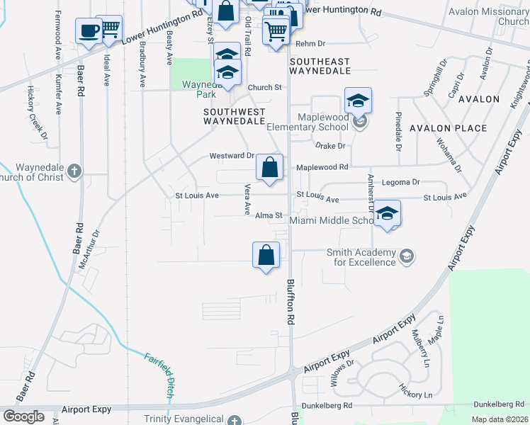 map of restaurants, bars, coffee shops, grocery stores, and more near 2409 Saint Louis Avenue in Fort Wayne