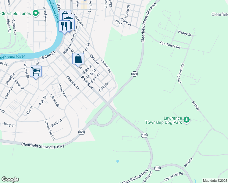 map of restaurants, bars, coffee shops, grocery stores, and more near 617-623 South 8th Street in Clearfield