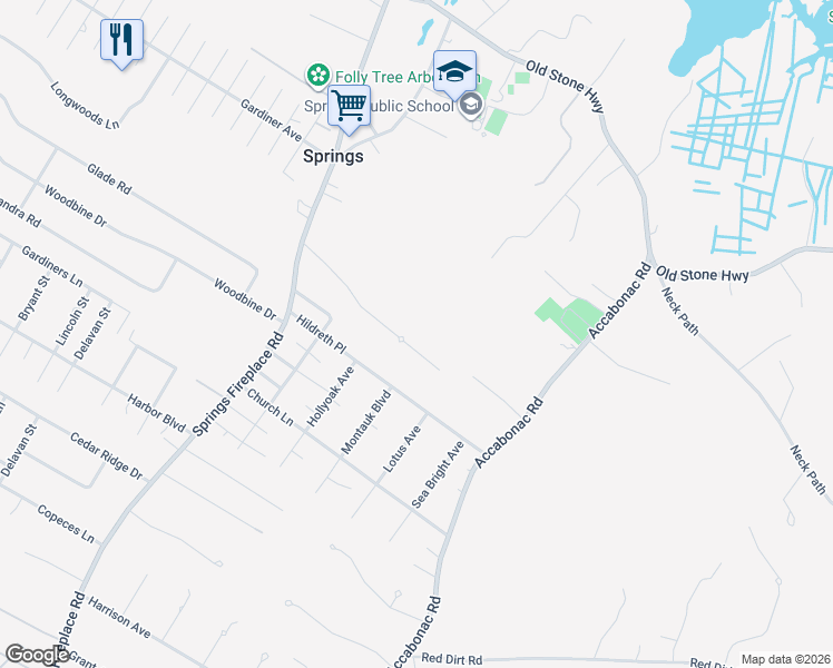 map of restaurants, bars, coffee shops, grocery stores, and more near 17 Parsons Close in East Hampton