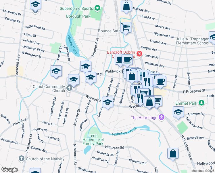 map of restaurants, bars, coffee shops, grocery stores, and more near 30 Wanamaker Avenue in Waldwick