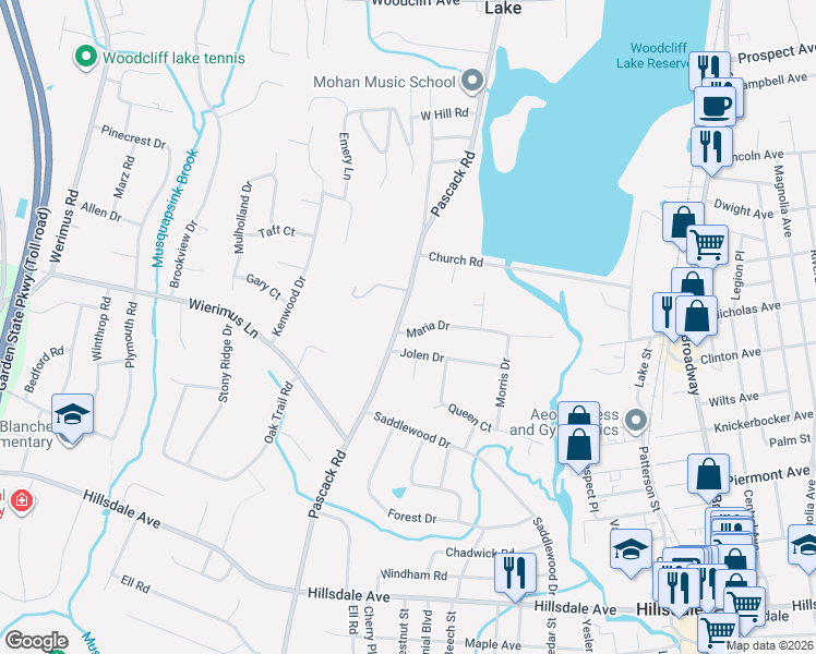map of restaurants, bars, coffee shops, grocery stores, and more near 21 Pascack Road in Woodcliff Lake
