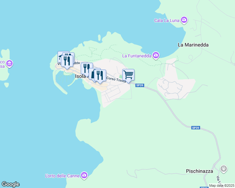 map of restaurants, bars, coffee shops, grocery stores, and more near 30 Via alla Fontanella in Isola Rossa