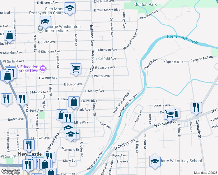map of restaurants, bars, coffee shops, grocery stores, and more near 421 East Moody Avenue in New Castle