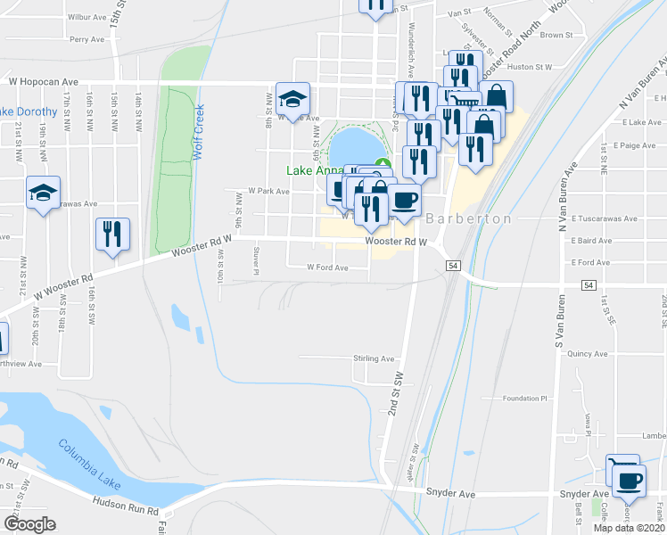 map of restaurants, bars, coffee shops, grocery stores, and more near 2 5th Street Northwest in Barberton