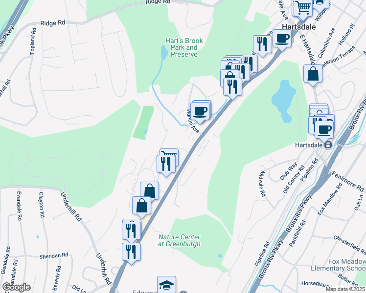 map of restaurants, bars, coffee shops, grocery stores, and more near 313 Central Park Avenue in Scarsdale