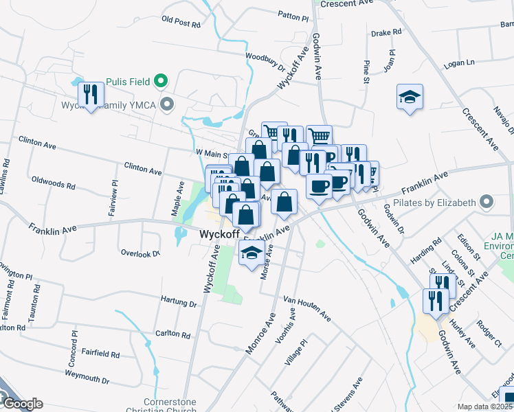 map of restaurants, bars, coffee shops, grocery stores, and more near 235 Madison Avenue in Wyckoff