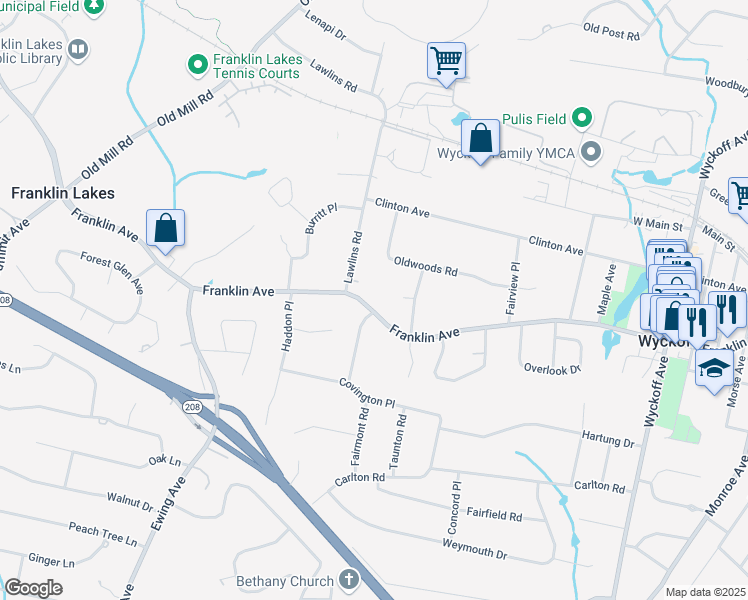 map of restaurants, bars, coffee shops, grocery stores, and more near 549 Franklin Avenue in Wyckoff