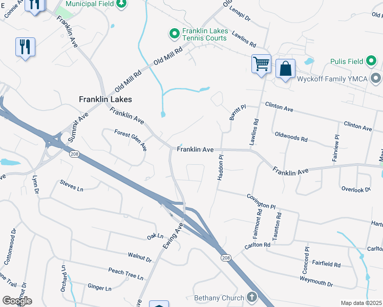 map of restaurants, bars, coffee shops, grocery stores, and more near 565 Franklin Avenue in Franklin Lakes