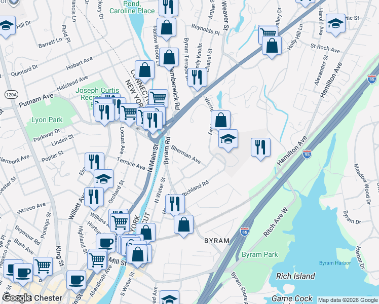 map of restaurants, bars, coffee shops, grocery stores, and more near 12 Sherman Avenue in Greenwich