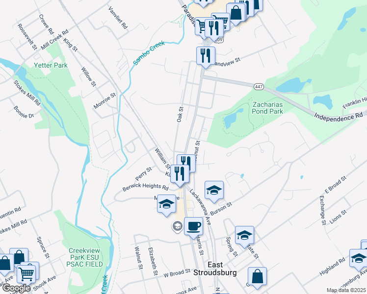map of restaurants, bars, coffee shops, grocery stores, and more near 459 North Courtland Street in East Stroudsburg