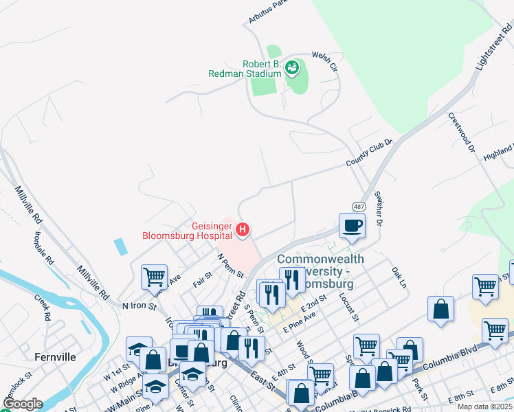 map of restaurants, bars, coffee shops, grocery stores, and more near 100 Westminster Drive in Bloomsburg