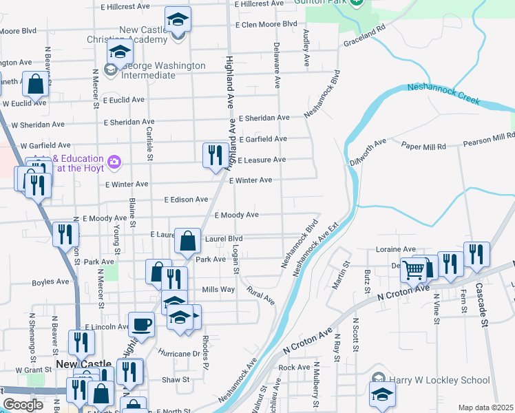 map of restaurants, bars, coffee shops, grocery stores, and more near 421 East Moody Avenue in New Castle