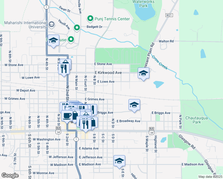 map of restaurants, bars, coffee shops, grocery stores, and more near 401 East Lowe Avenue in Fairfield