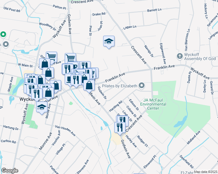 map of restaurants, bars, coffee shops, grocery stores, and more near 262 Franklin Avenue in Wyckoff