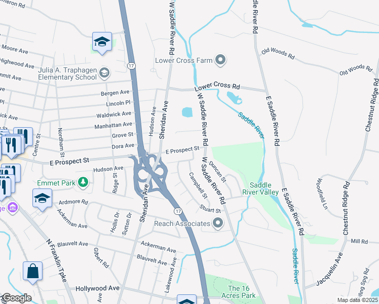 map of restaurants, bars, coffee shops, grocery stores, and more near 43 Douglas Street in Waldwick