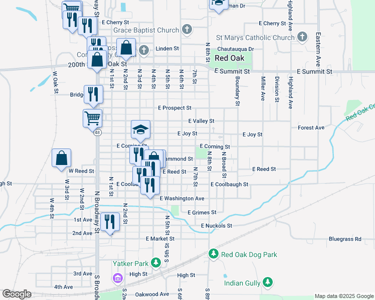map of restaurants, bars, coffee shops, grocery stores, and more near 611 East Corning Street in Red Oak