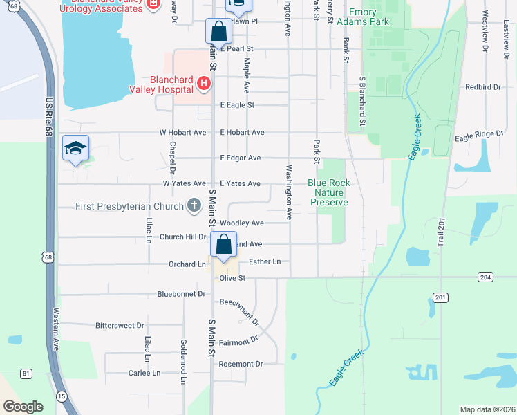 map of restaurants, bars, coffee shops, grocery stores, and more near 212 Woodley Terrace in Findlay