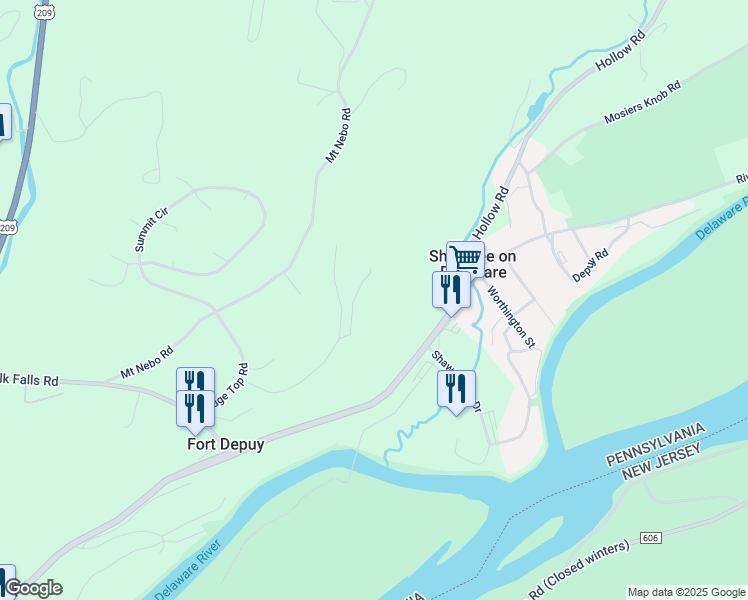 map of restaurants, bars, coffee shops, grocery stores, and more near Valley View Court in Monroe County