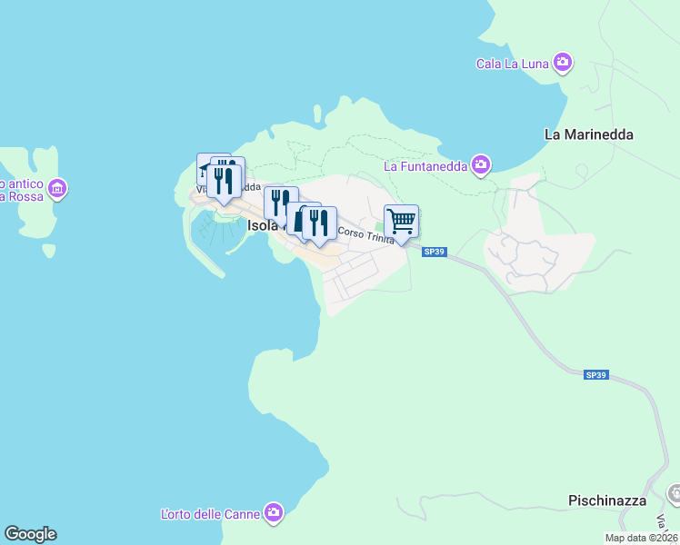 map of restaurants, bars, coffee shops, grocery stores, and more near 1 Via Discesa alla Spiaggia in Isola Rossa