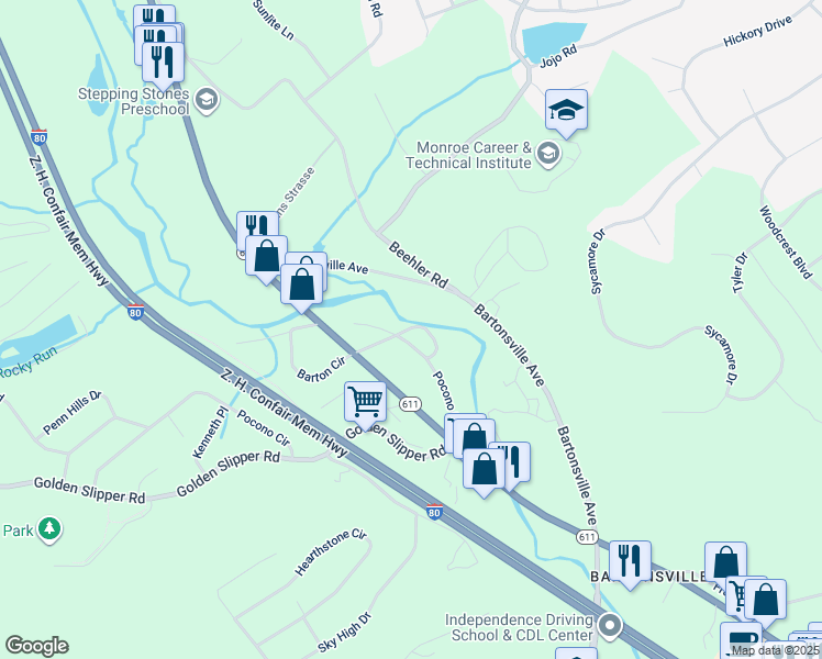 map of restaurants, bars, coffee shops, grocery stores, and more near 171 Bartion Court in Monroe County