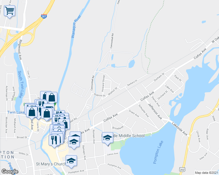 map of restaurants, bars, coffee shops, grocery stores, and more near 2 Poplar Street in Pompton Lakes