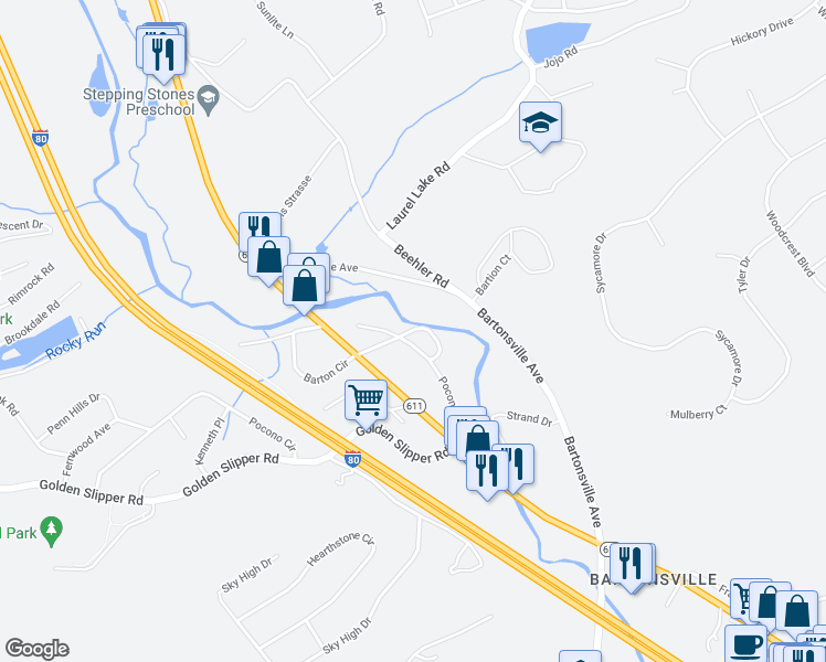map of restaurants, bars, coffee shops, grocery stores, and more near 171 Bartion Court in Monroe County