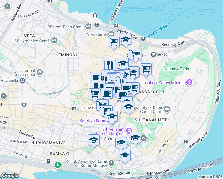 map of restaurants, bars, coffee shops, grocery stores, and more near 1 Bezciler Sokak in Fatih