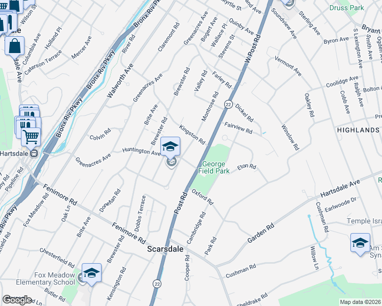 map of restaurants, bars, coffee shops, grocery stores, and more near 12 Montrose Road in Scarsdale