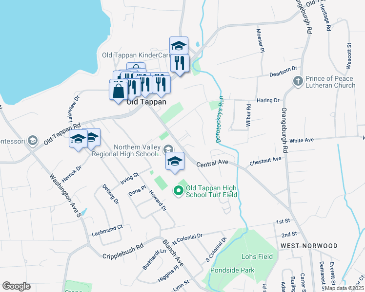 map of restaurants, bars, coffee shops, grocery stores, and more near 151 Central Avenue in Old Tappan