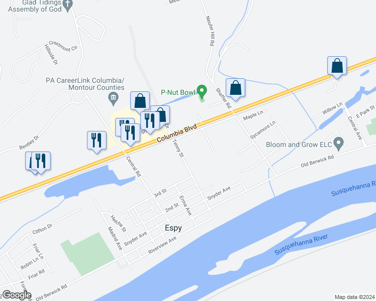 map of restaurants, bars, coffee shops, grocery stores, and more near 355 Tenny Street in Bloomsburg