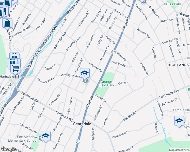map of restaurants, bars, coffee shops, grocery stores, and more near 12 Montrose Road in Scarsdale