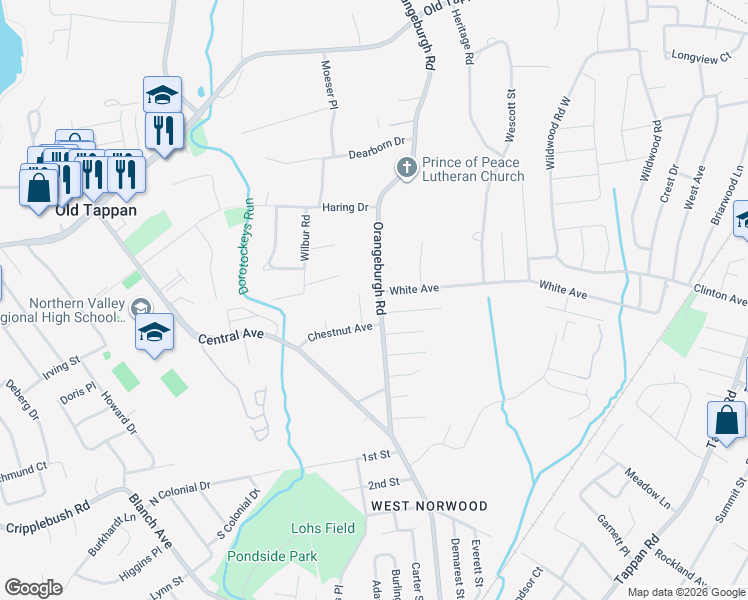map of restaurants, bars, coffee shops, grocery stores, and more near 57 Orangeburgh Road in Old Tappan