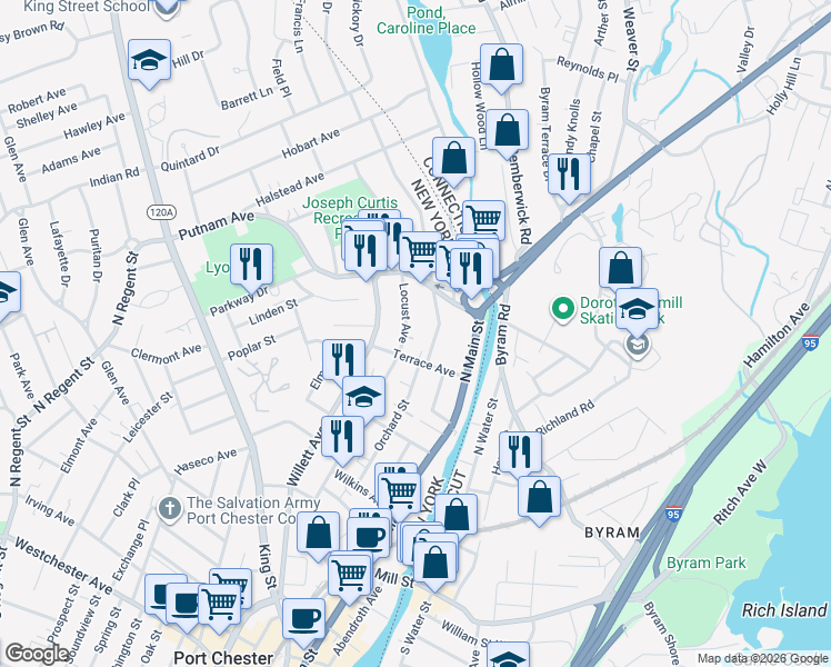 map of restaurants, bars, coffee shops, grocery stores, and more near 518 Locust Avenue in Port Chester