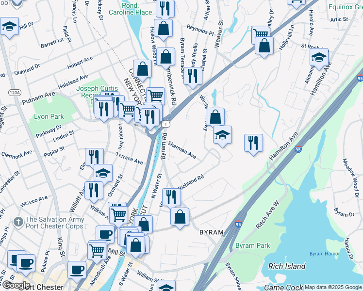 map of restaurants, bars, coffee shops, grocery stores, and more near 12 Sherman Avenue in Greenwich