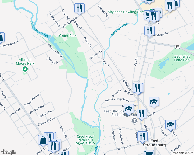 map of restaurants, bars, coffee shops, grocery stores, and more near 209 Jen Street in East Stroudsburg