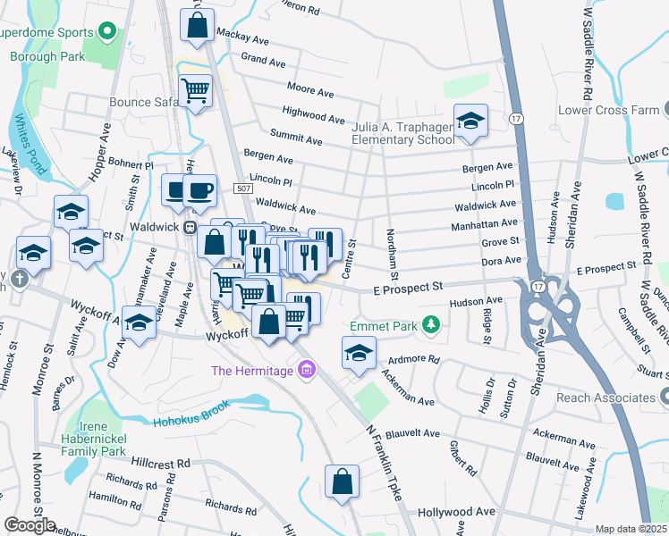 map of restaurants, bars, coffee shops, grocery stores, and more near 42 Dora Avenue in Waldwick