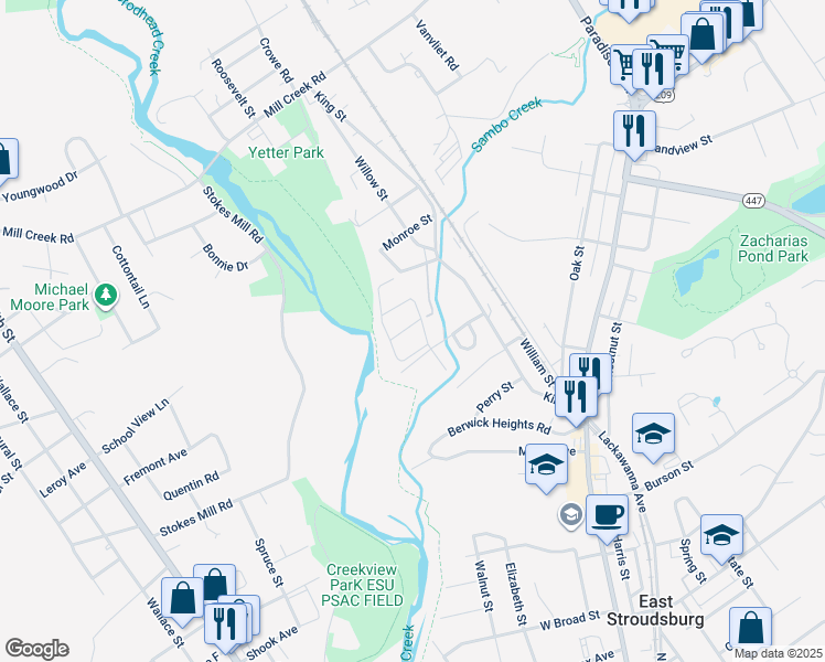 map of restaurants, bars, coffee shops, grocery stores, and more near 209 Jen Street in East Stroudsburg