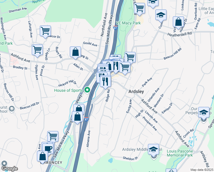 map of restaurants, bars, coffee shops, grocery stores, and more near 657 Saw Mill River Road in Ardsley
