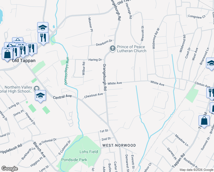 map of restaurants, bars, coffee shops, grocery stores, and more near 57 Orangeburgh Road in Old Tappan