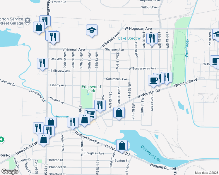 map of restaurants, bars, coffee shops, grocery stores, and more near 94 23rd Street Northwest in Barberton