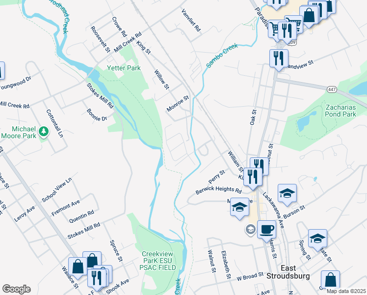 map of restaurants, bars, coffee shops, grocery stores, and more near 133 Buttonwood Court in East Stroudsburg