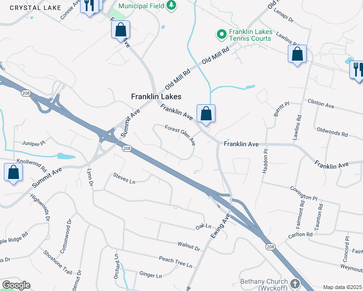 map of restaurants, bars, coffee shops, grocery stores, and more near 210 Deerfield Lane in Franklin Lakes