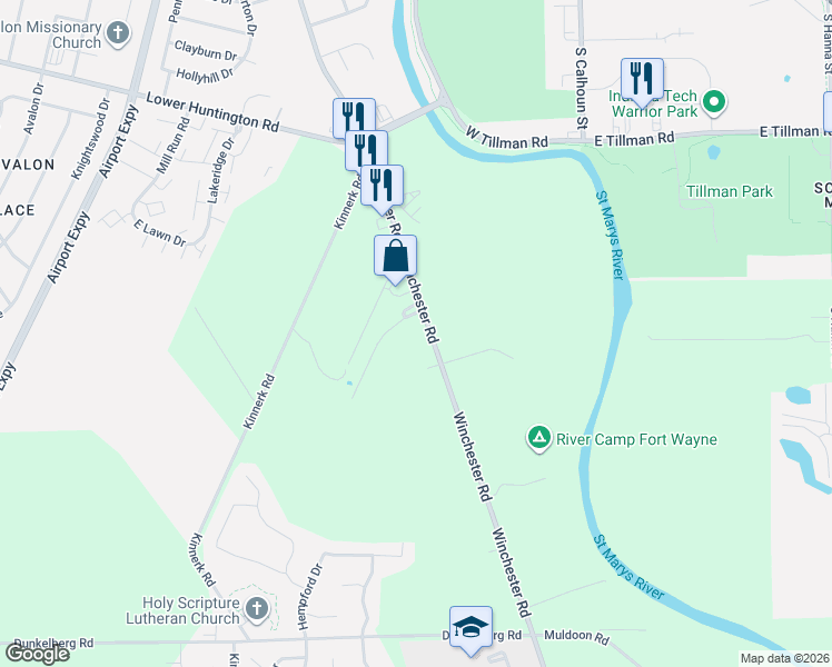 map of restaurants, bars, coffee shops, grocery stores, and more near 7936 Winchester Road in Fort Wayne
