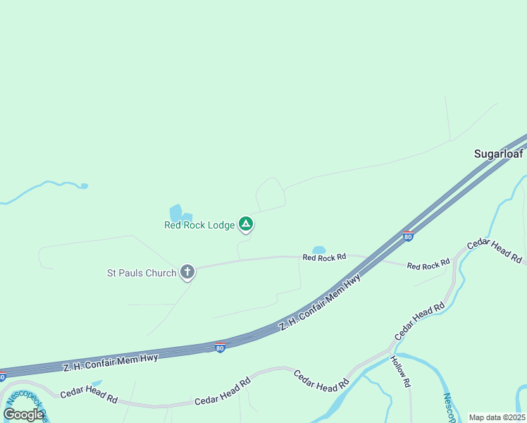 map of restaurants, bars, coffee shops, grocery stores, and more near Red Rock Road in Sugarloaf
