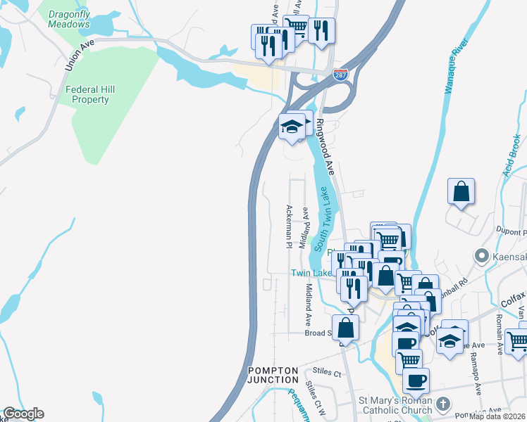 map of restaurants, bars, coffee shops, grocery stores, and more near 2 Federal Hill Road in Pompton Lakes