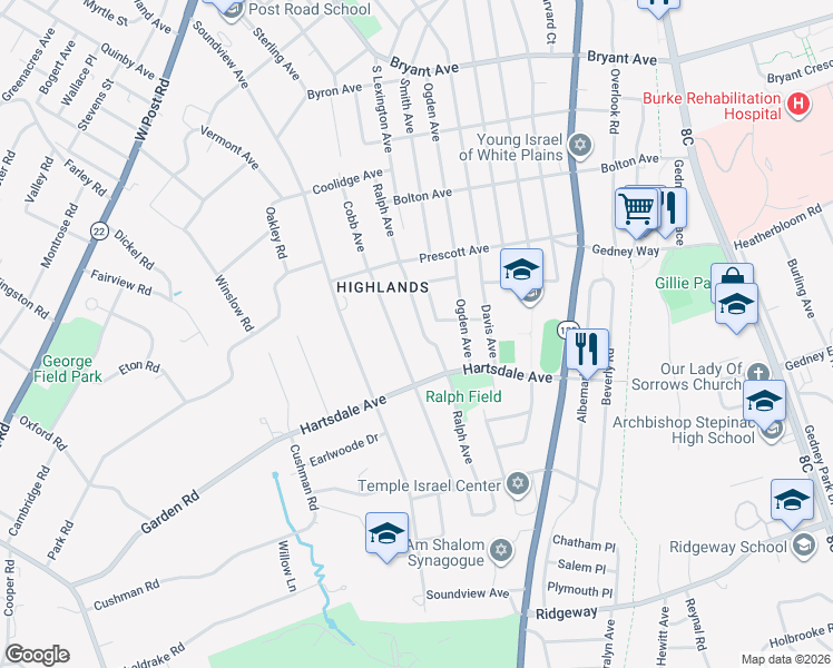 map of restaurants, bars, coffee shops, grocery stores, and more near 110 Ralph Avenue in White Plains