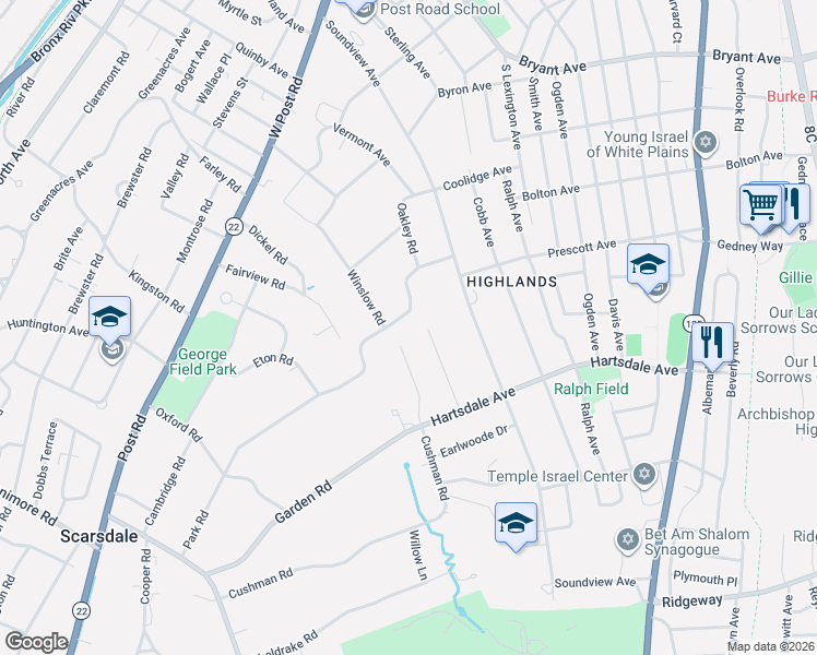 map of restaurants, bars, coffee shops, grocery stores, and more near 48 Winslow Road in White Plains