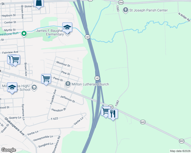 map of restaurants, bars, coffee shops, grocery stores, and more near Susquehanna Trail in Milton