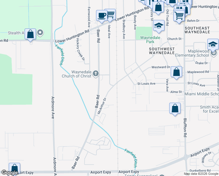 map of restaurants, bars, coffee shops, grocery stores, and more near 3302 McArthur Drive in Fort Wayne