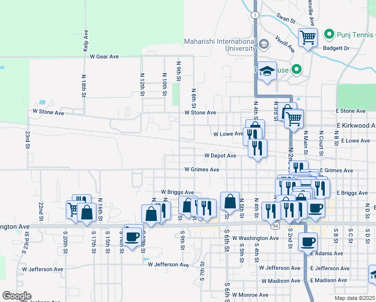 map of restaurants, bars, coffee shops, grocery stores, and more near 551-599 North 9th Street in Fairfield